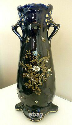 Superbe Vase Ancien Ceramique Emaillee Bleu Nuit, Art Nouveau, Signe De Bruyn