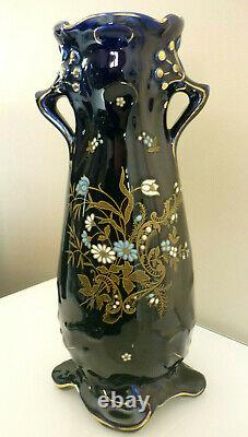 Superbe Vase Ancien Ceramique Emaillee Bleu Nuit, Art Nouveau, Signe De Bruyn