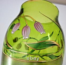 Superbe Vase Ancien Vert Art Nouveau, Verre Souffle, Emaille, Dorure Et Depoli