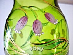 Superbe Vase Ancien Vert Art Nouveau, Verre Souffle, Emaille, Dorure Et Depoli