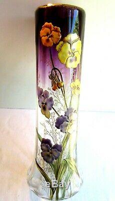 Superbe Vase Art Nouveau Aux 7 Pensees, Verre Prune Emaille Legras Montjoye