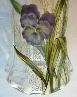 Superbe Vase Art Nouveau Aux 7 Pensees, Verre Prune Emaille Legras Montjoye