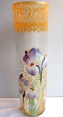 Superbe Vase Art Nouveau Aux Iris Violets, Verre Emaille Legras Montjoye