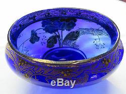 Superbe Vase Jardiniere Aux Pensees, Art Nouveau, Verre Bleu Emaille Legras