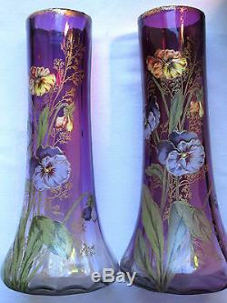 Superbe Vase Jardiniere Aux Pensees, Art Nouveau, Verre Bleu Emaille Legras