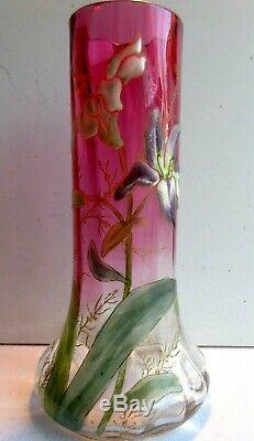 Superbe Vase Lamartine Art Nouveau Aux Lys, Verre Prune Emaille Legras