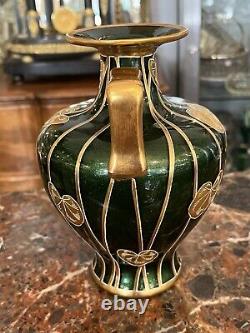 Superbe Vase Vert Email Dorure Art Nouveau Dans Le Gout De Legras