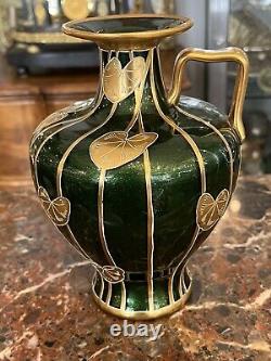 Superbe Vase Vert Email Dorure Art Nouveau Dans Le Gout De Legras