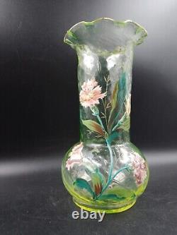 Superbe Vase verre soufflé Ouraline LEGRAS Montjoye Art Nouveau Oeillets émaillé