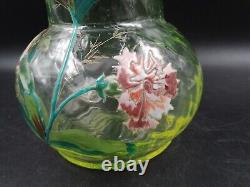 Superbe Vase verre soufflé Ouraline LEGRAS Montjoye Art Nouveau Oeillets émaillé