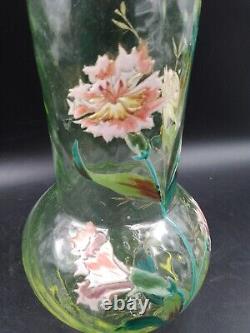 Superbe Vase verre soufflé Ouraline LEGRAS Montjoye Art Nouveau Oeillets émaillé