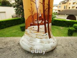 Superbe ancien vase émaillé décor hivernal neige par Théodore Legras Art Nouveau