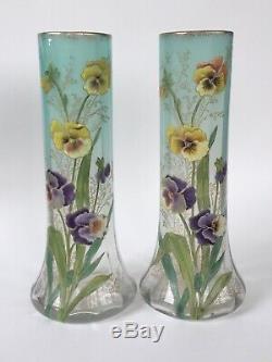 Superbe paire de vases Art Nouveau aux pensées par Legras French enameled glass