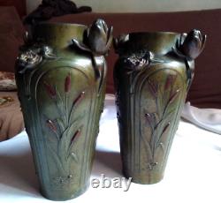 VASES art nouveau BRONZE signés FERL patine verte décor JONC relief FLEUR rose