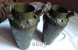 VASES art nouveau BRONZE signés FERL patine verte décor JONC relief FLEUR rose