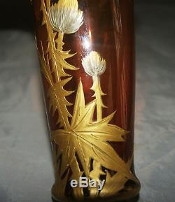Vase Art Nouveau Cristal Emaille Decor Chardons Dore A L'or Baccarat Harrach