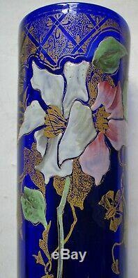 VASE ART NOUVEAU VERRE ÉMAILLÉ décor de clématites Monjoye legras 1900