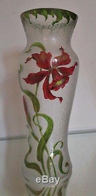 VASE émaillé ART NOUVEAU gravé à l'acide fleur orchidée, Baccarat Saint Louis