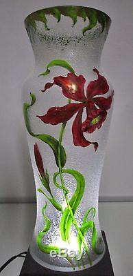VASE émaillé ART NOUVEAU gravé à l'acide fleur orchidée, Baccarat Saint Louis