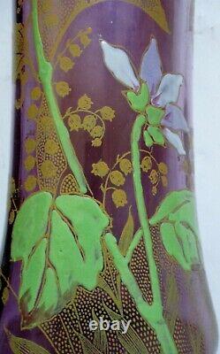 VASE verre émaillé violine Legras Art Nouveau 1900 fleurs marguerites et muguet