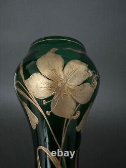 Vase 1900 Art Nouveau fond vert émail doré naturaliste M3286
