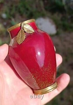 Vase Ancien Miniature Porcelaine de Sèvres 10cm Rouge Vert Bronze Art Nouveau