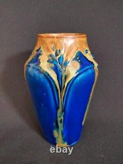 Vase Art Nouveau 1920 Gilbert Méténier très belle glaçure nappé bleu et caramel
