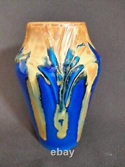 Vase Art Nouveau 1920 Gilbert Méténier très belle glaçure nappé bleu et caramel