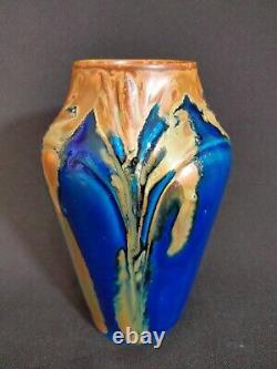 Vase Art Nouveau 1920 Gilbert Méténier très belle glaçure nappé bleu et caramel