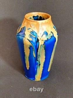 Vase Art Nouveau 1920 Gilbert Méténier très belle glaçure nappé bleu et caramel