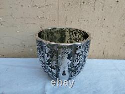 Vase Art Nouveau Américain En Verre Fumé Avec Décorations Argent Titulaire 925