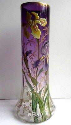 Vase Art Nouveau Aux Pensees, Verre Celadon Emaille Legras Montjoye