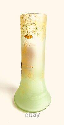 Vase Art Nouveau En Verre Émaillé Décor Floral 1900