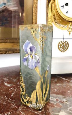 Vase Art Nouveau En Verre Givré À Décor Floral Polychrome Émaillé & Doré Signé