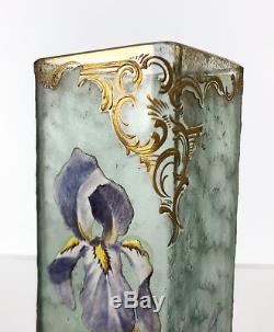 Vase Art Nouveau En Verre Givré À Décor Floral Polychrome Émaillé & Doré Signé