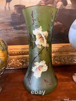 Vase Art Nouveau En Verre Givré Et Emaillé Decor Floral 1900