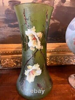 Vase Art Nouveau En Verre Givré Et Emaillé Decor Floral 1900