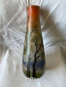 Vase Art Nouveau Epoque 1900 Verre Peint Émaillé Signé Leune Hauteur 40,5 CM