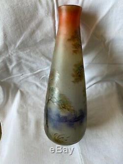 Vase Art Nouveau Epoque 1900 Verre Peint Émaillé Signé Leune Hauteur 40,5 CM