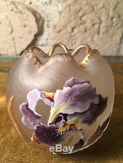 Vase Art Nouveau Givré À L'acide Iris Émaillé Legras Montjoye Saint Denis 1900