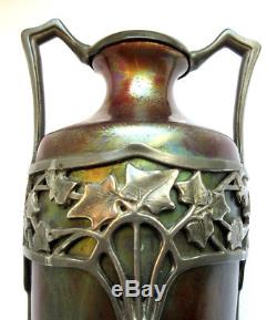 Vase Art Nouveau JUGENDSTIL, grès irisé dans armature étain sculptée de Lierre