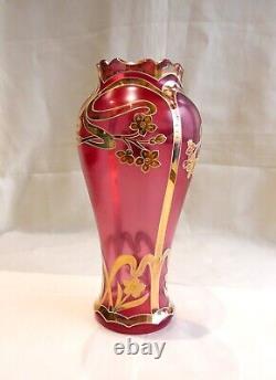 Vase Art Nouveau Verre Emaille Doré Jugendstil 1900