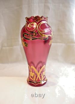 Vase Art Nouveau Verre Emaille Doré Jugendstil 1900