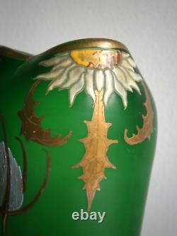 Vase Art Nouveau Verre émaillé doré 1900 décor Chardon Floral Ancien
