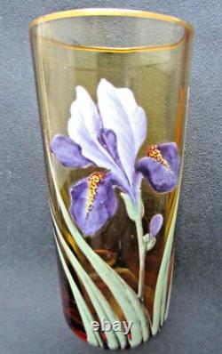 Vase Art Nouveau ou grand verre ambre émaillé Legras Iris bleu