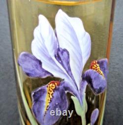 Vase Art Nouveau ou grand verre ambre émaillé Legras Iris bleu