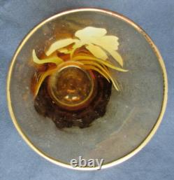 Vase Art Nouveau ou grand verre ambre émaillé Legras Iris bleu