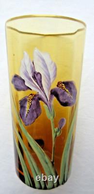 Vase Art Nouveau ou grand verre ambre émaillé Legras Iris bleu