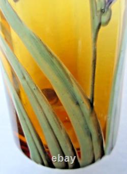 Vase Art Nouveau ou grand verre ambre émaillé Legras Iris bleu
