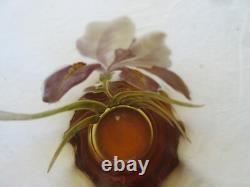 Vase Art Nouveau ou grand verre ambre émaillé Legras Iris bleu